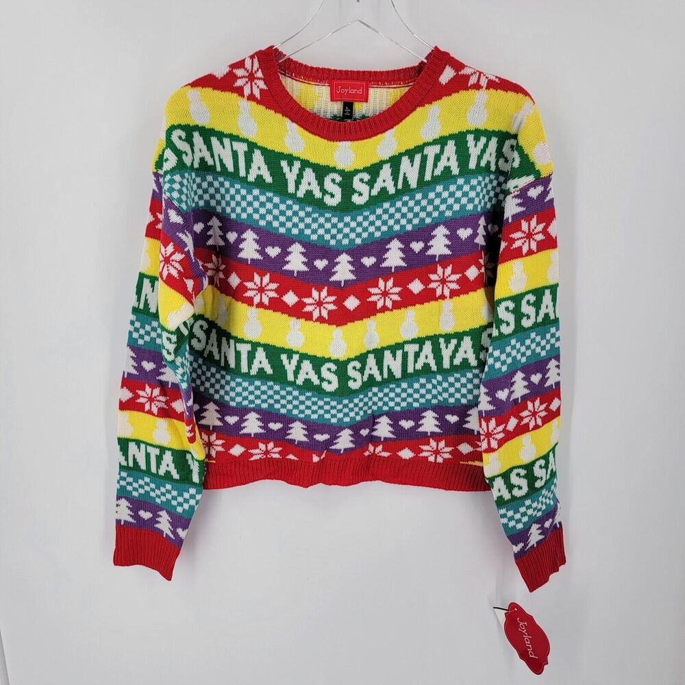 Joyland Sweater Juniors Large Yas Santa Yas Colorful Holiday Christmas NEW